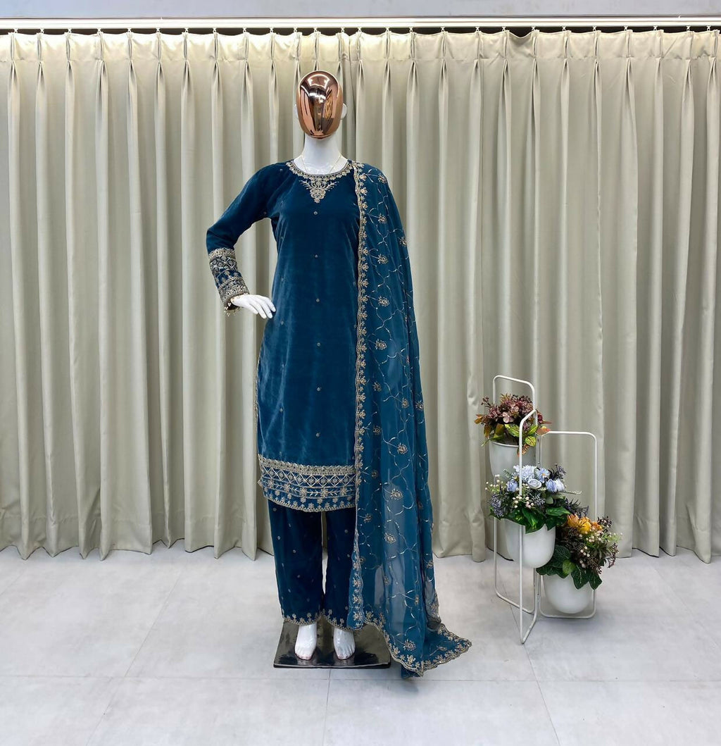 Vastranavya Blue Velvet Sequence Embroidery Work Kurta & Bottom With Dupatta