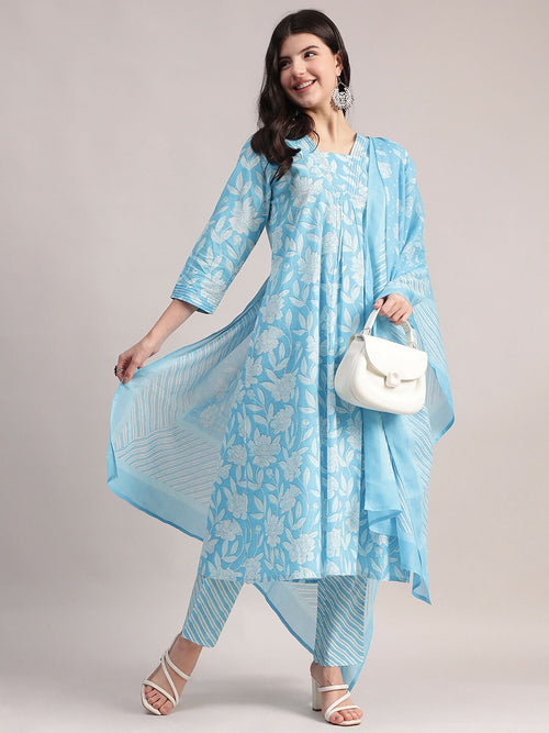 Aavyora Women's Sky Blue Floral Printed A-Line Kurta with Pintucks, Striped Pants & Dupatta Set