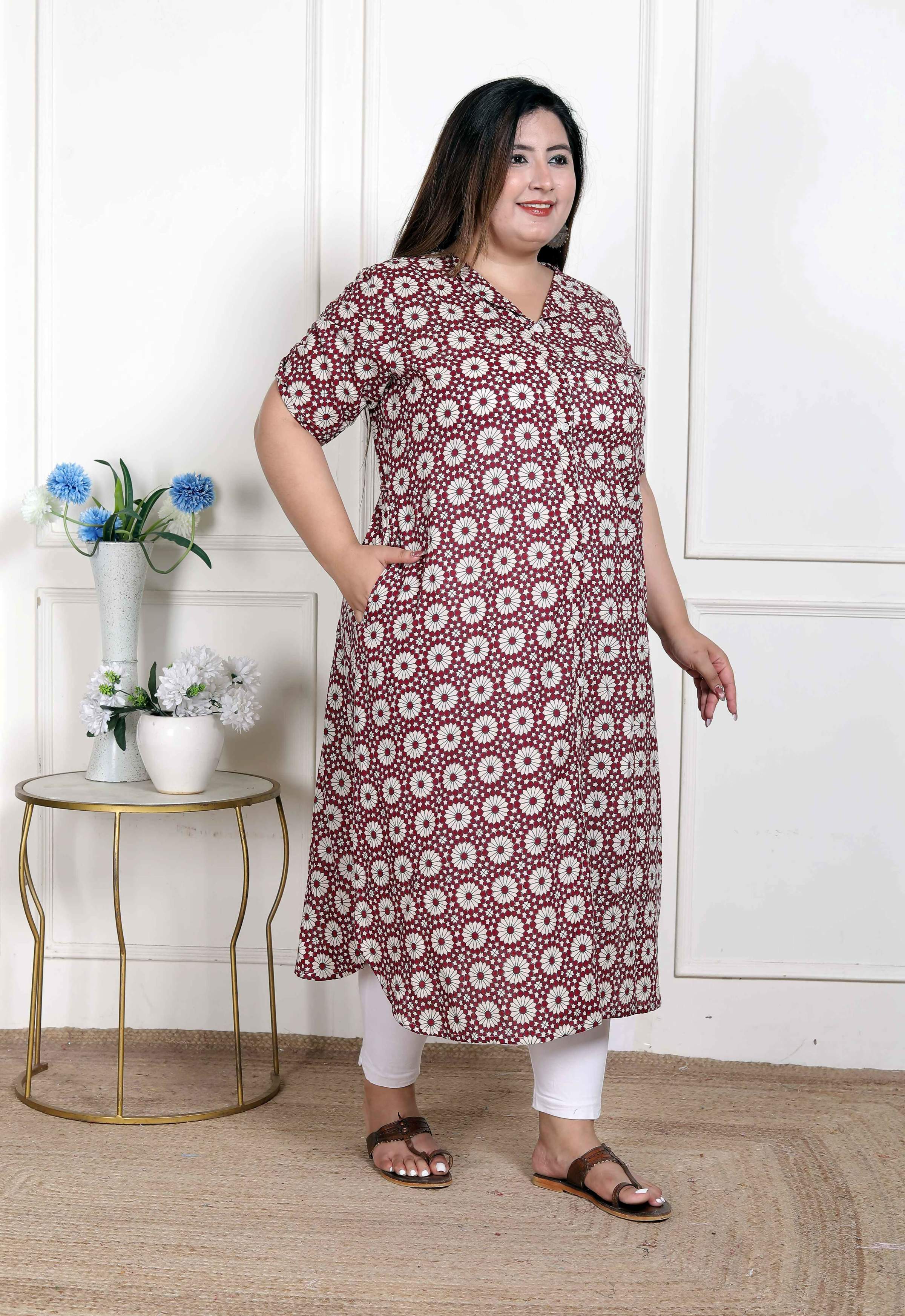 Miravan Women's Plus Size Cotton Floral Printed Cream A-Line Kurta with Buttons