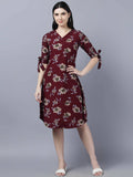 Myshka Women Burgundy Beige Floral Print A-line Dress