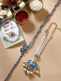 NVR Women & Men Set of 2 Blue Lotus Shape Kundan-Studded & Beaded Handcrafted Wraparound Rakhi Set With Roli Chawal