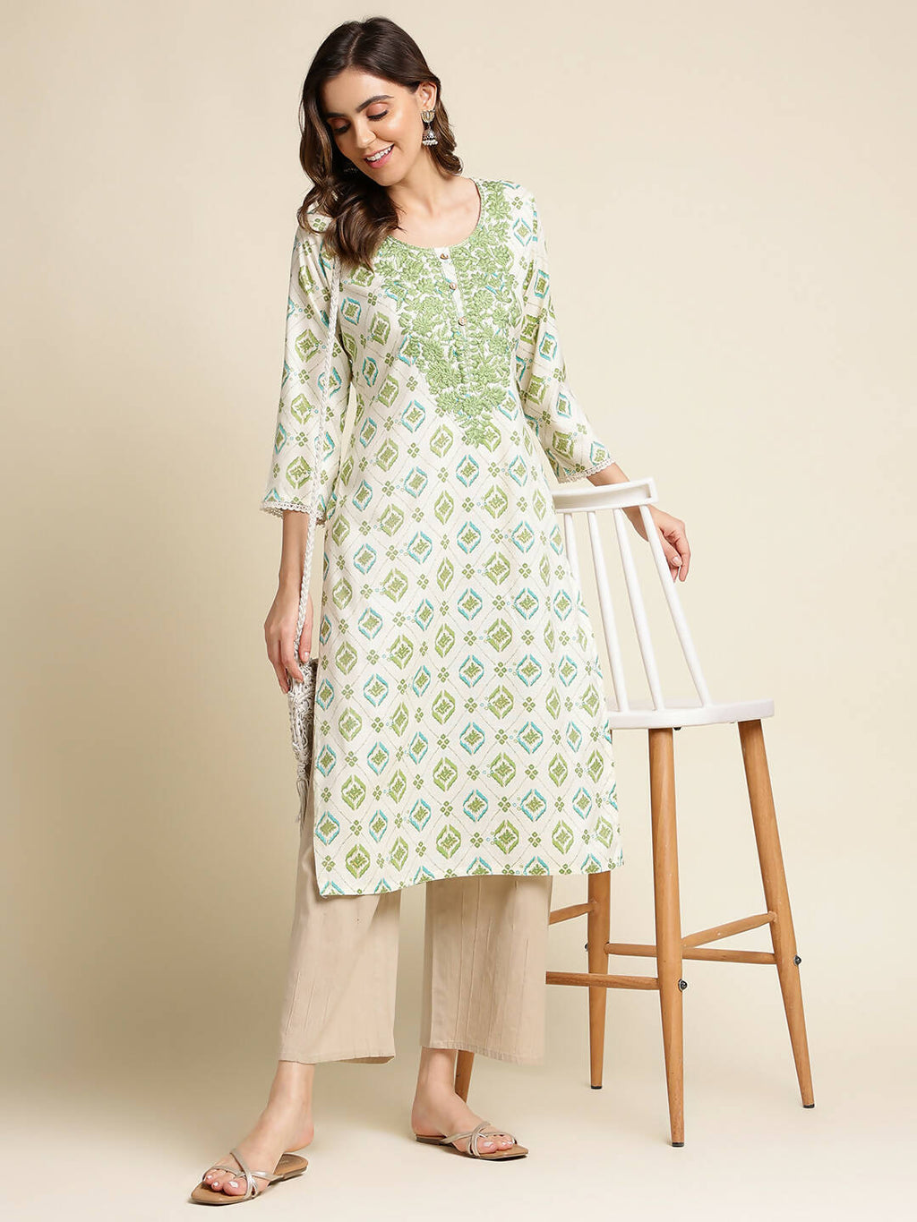 Green Poly Rayon Aztec Printed Straight Fit Kurta - Prasuti