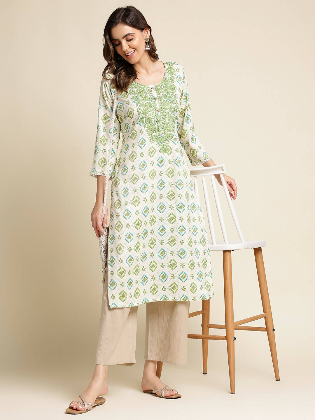 Green Poly Rayon Aztec Printed Straight Fit Kurta - Prasuti