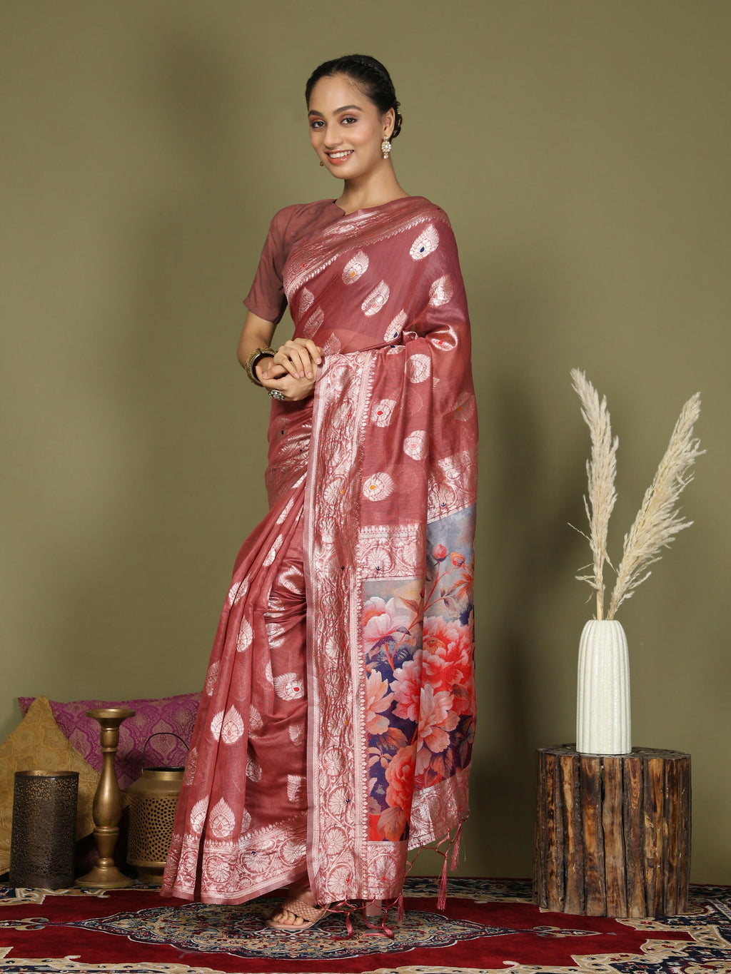 Shree Shyam Fashion Linen Cotton Rust Saree