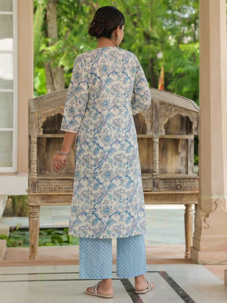 Aramya Straight Soft Cotton Floral Print Women's Kurta - Blue