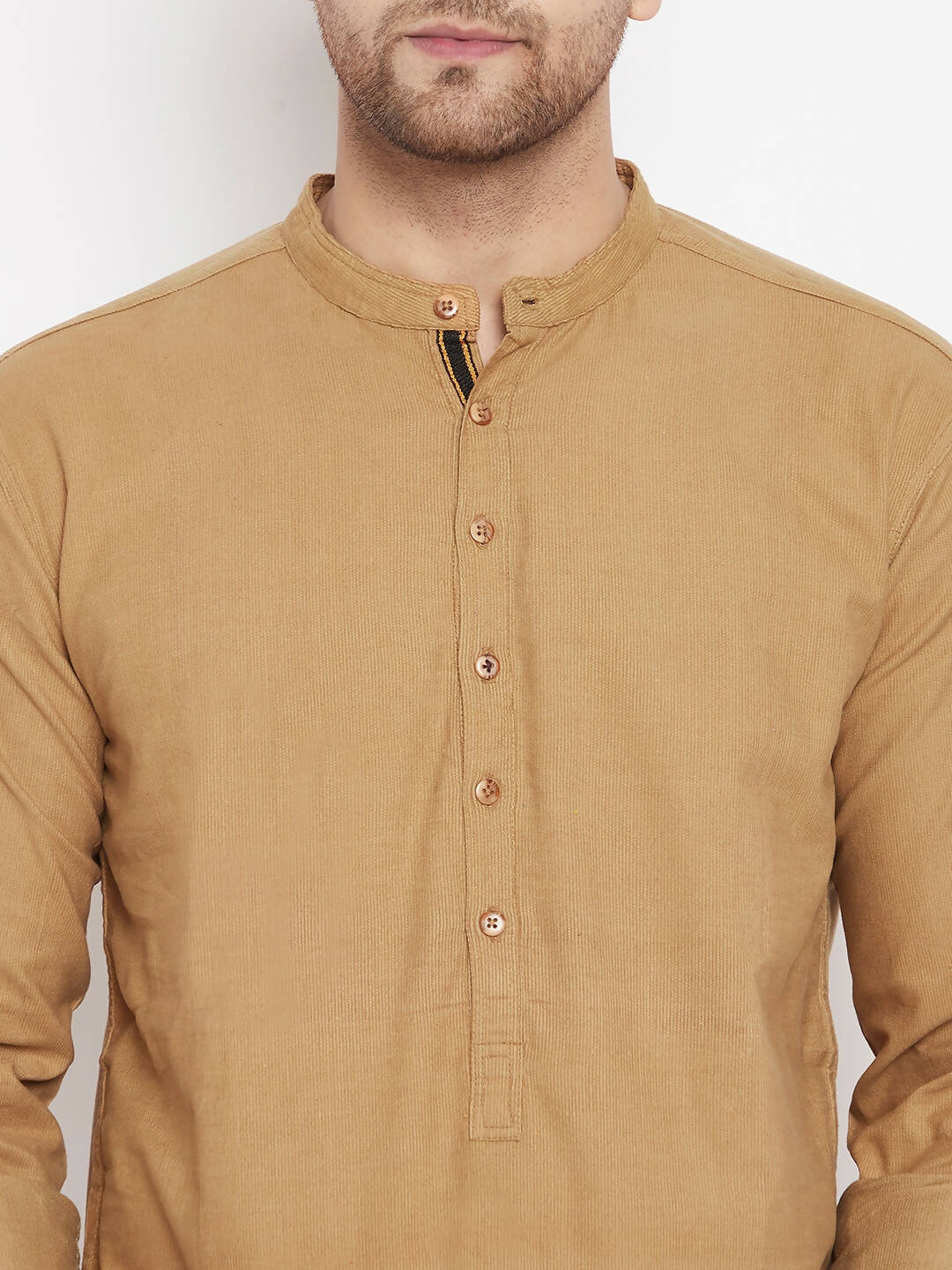 Even Apparels Beige Pure Cotton Short Men's Kurta With Band Collar