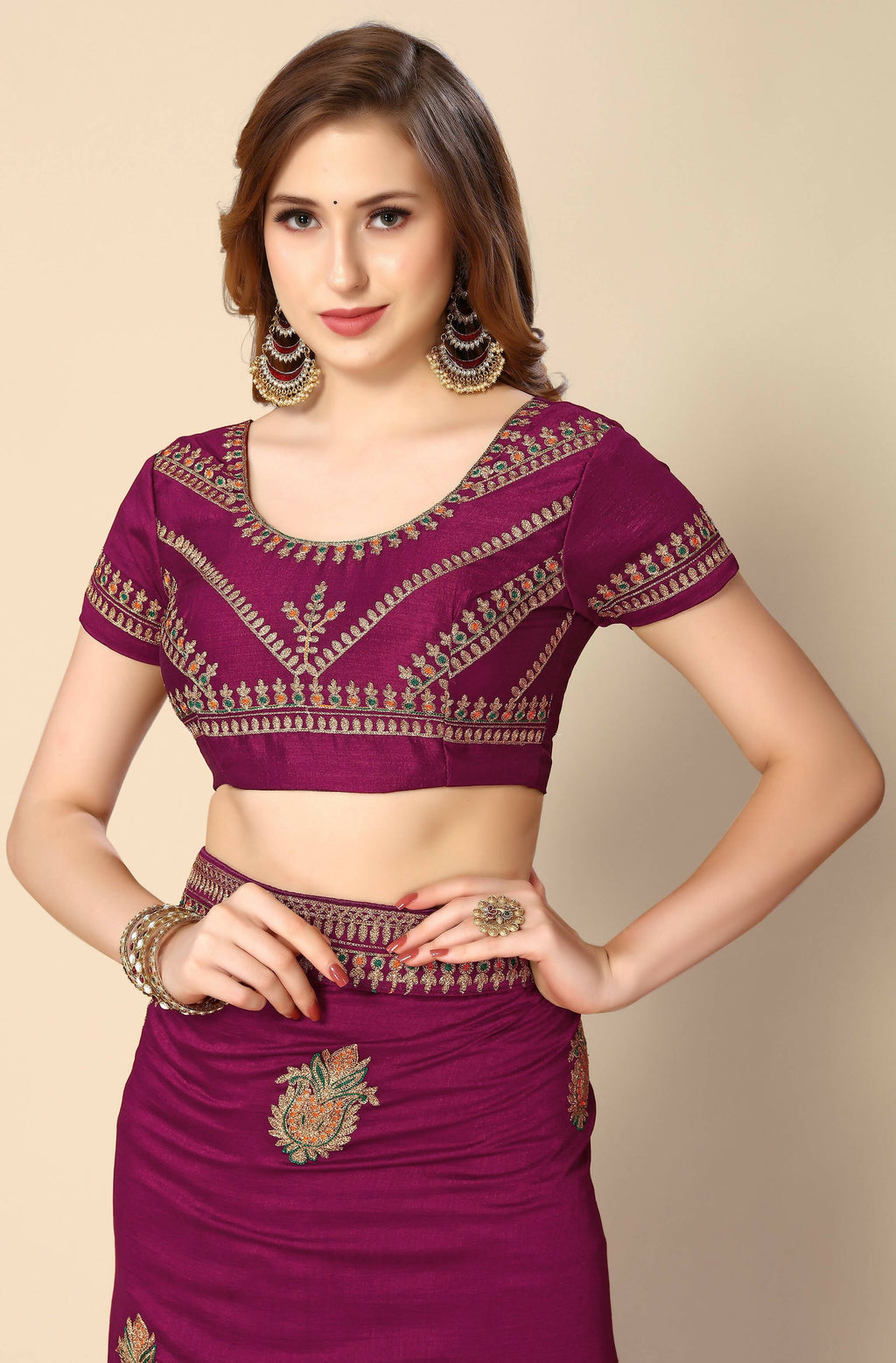 Wine Chinon Embroidered Saree with Unstitched Blouse Piece - Roozal