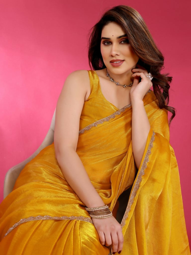 PR Fashion Yellow Jimmy Choo Fabric Palin With Work Lace Saree