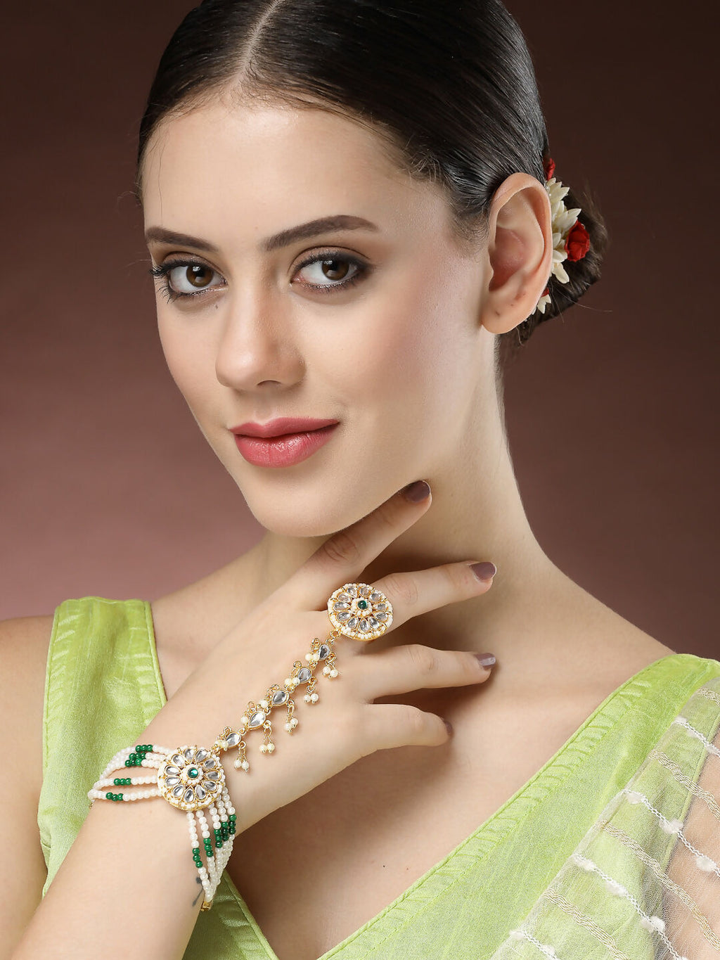 NVR Women's Green Gold-Polished Stone Studded Handcrafted Ring Bracelet