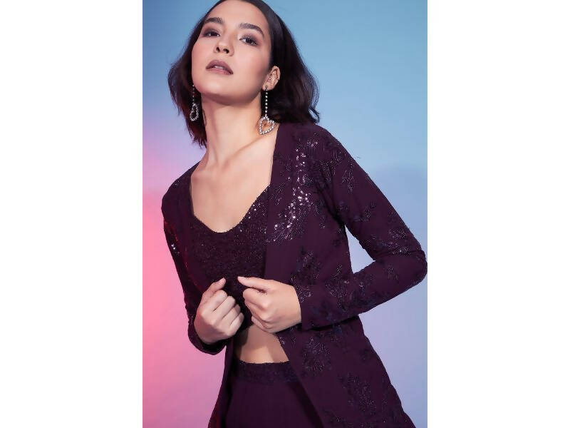 Maroon Georgette Sequence With Thread Designer Co-Ord Set - Flory