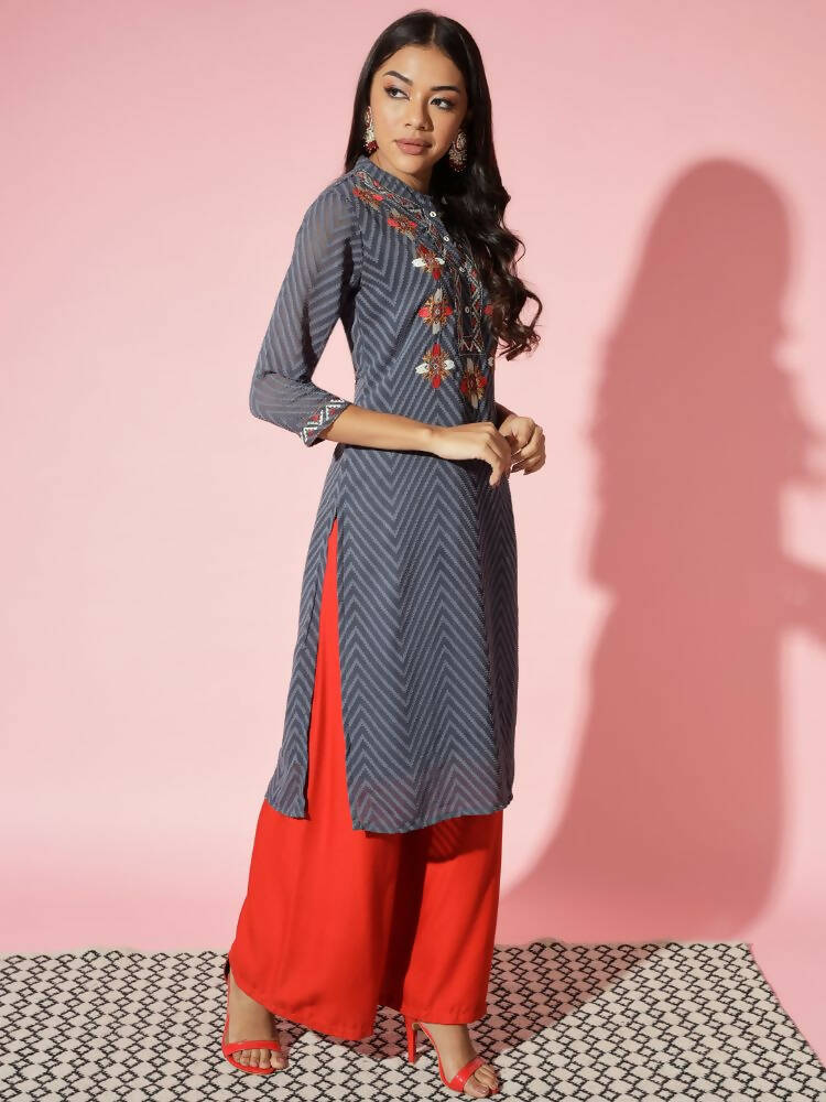 Myshka Women Grey Solid Georgette Straight V-Neck Kurtas