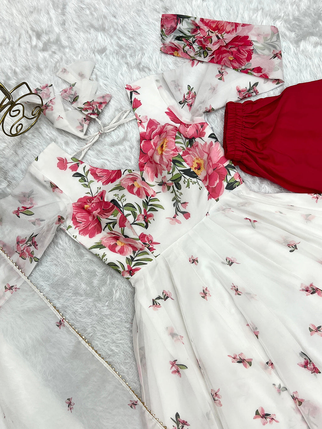 Lorenvalley Fashion Women Pure Soft Organza Silk Floral Print Fully Flair Anarkali With Pent Dupatta Set - White