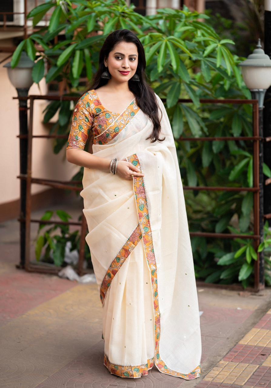 Yellow Pure Linen Ethnic Motifs Saree with Unstitched Blouse - Hiral Fashion