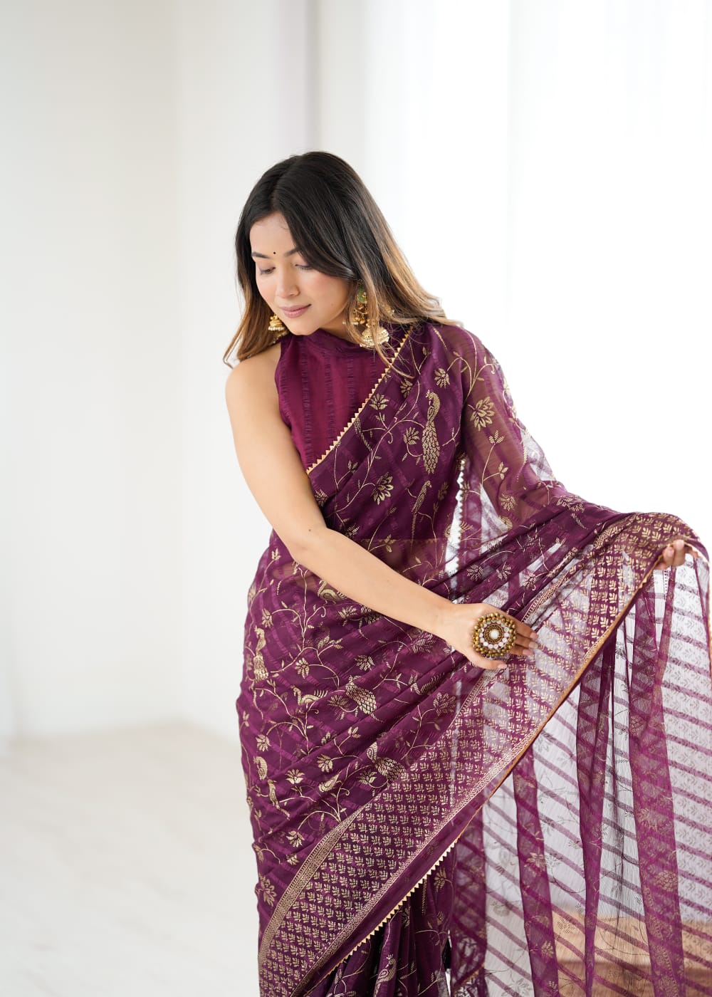 Lorenvalley Fashion Wine Solo Georgette Superb Finishing Foils Print & Fancy Zalar Lace in Border Saree with Blouse