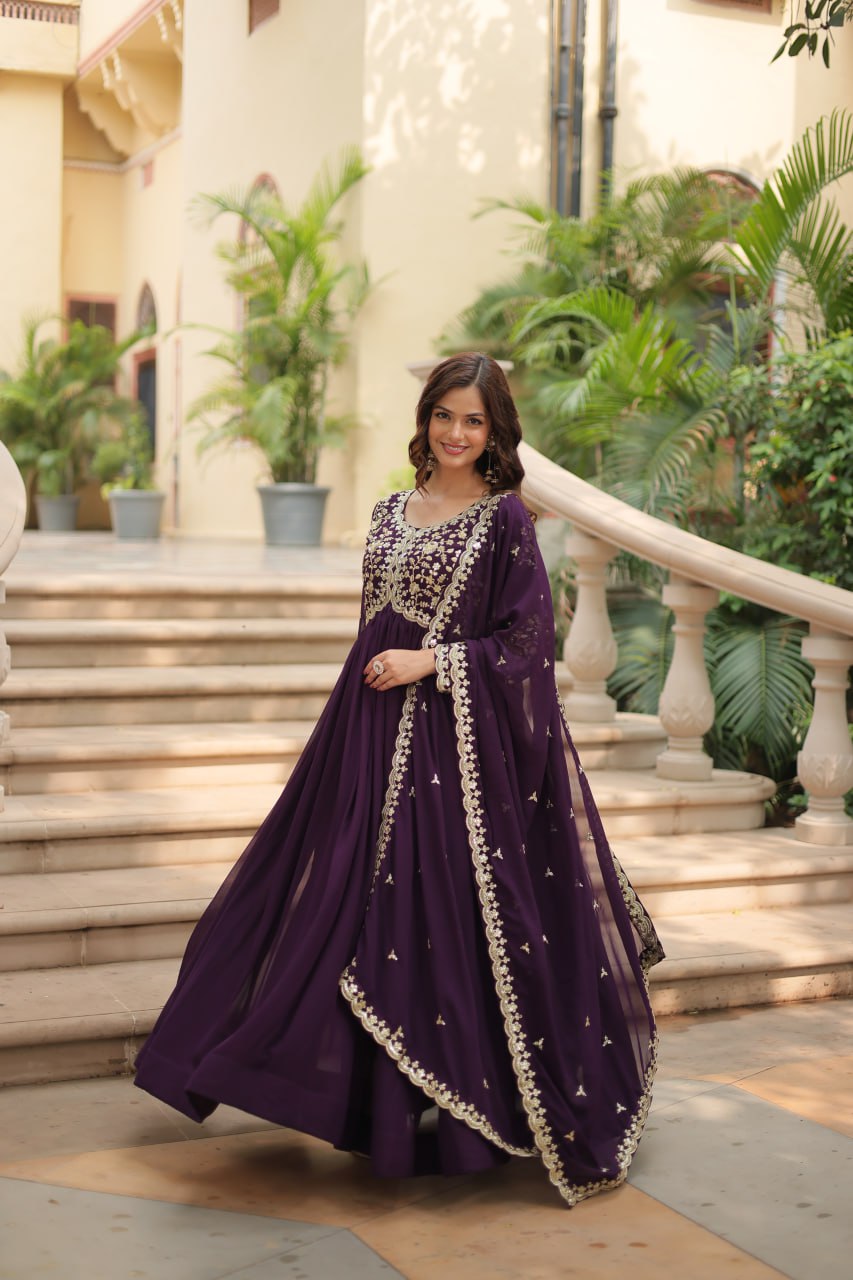Evanik Wine Faux Blooming Gown With Dupatta With Sequins-Multi & Zari Embroidered Work