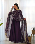 Lorenvalley Fashion Women Georgette Anarkali Gown Duppta Full Set With Pent Ready To Wear - Wine