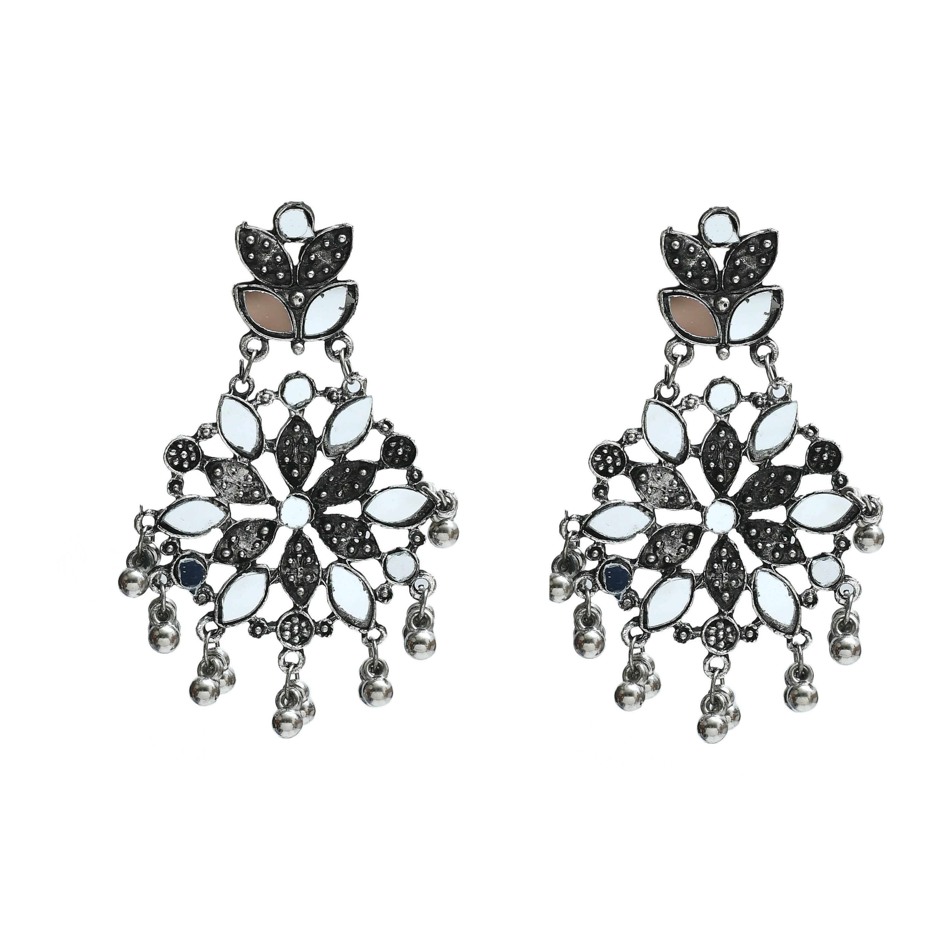 Mominos Fashion Johar Kamal Oxidised Silver-Plated Mirror Work Long Necklace Set