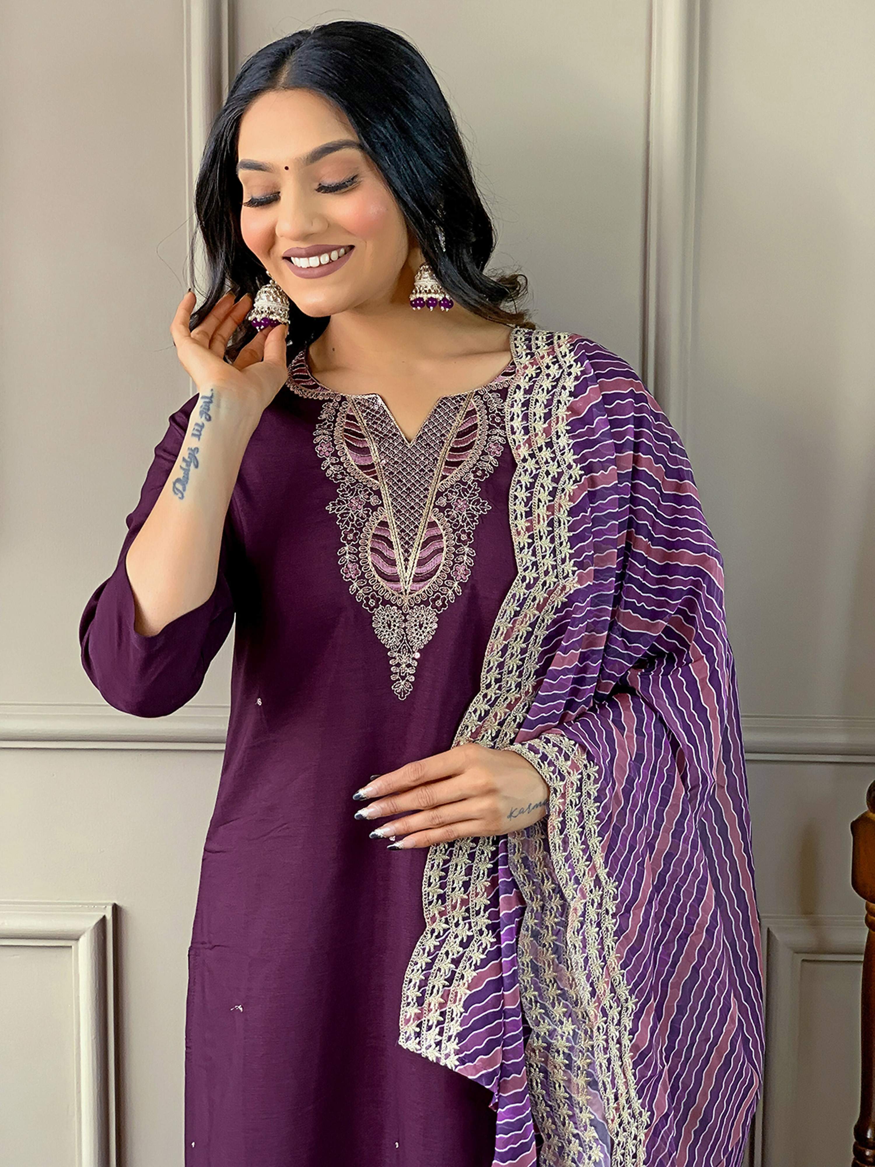 Partywear Designer Viscose Silk Wine Stitched Suit With Dupatta - Tanisha