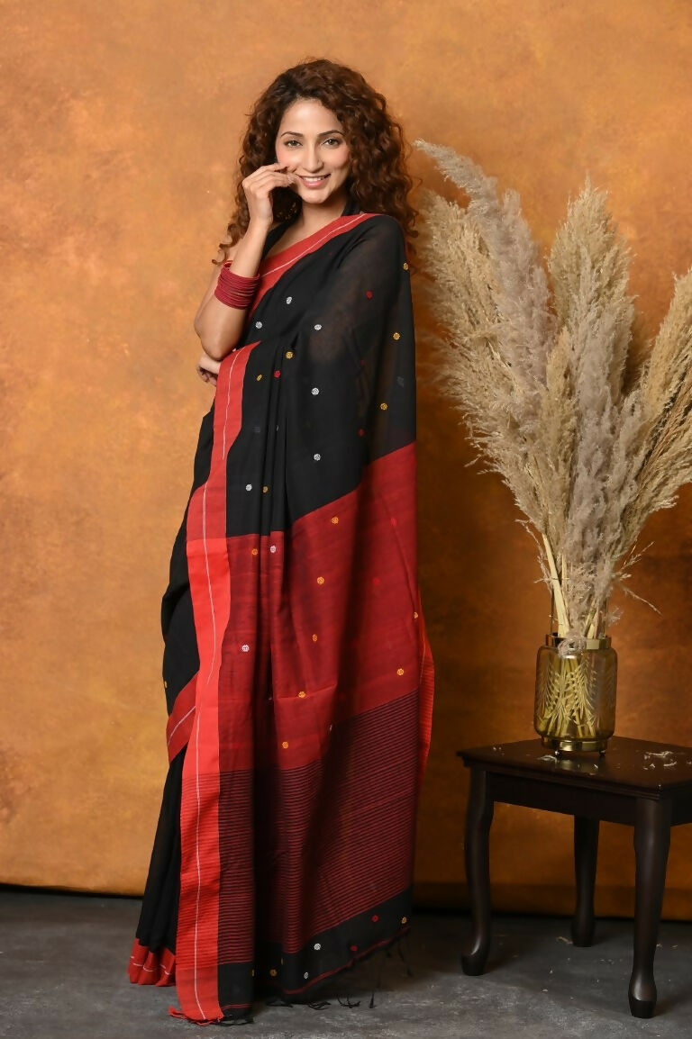 Very Much Indian Pure Cotton Handloom Saree with Buttis & Sleek Border - Black