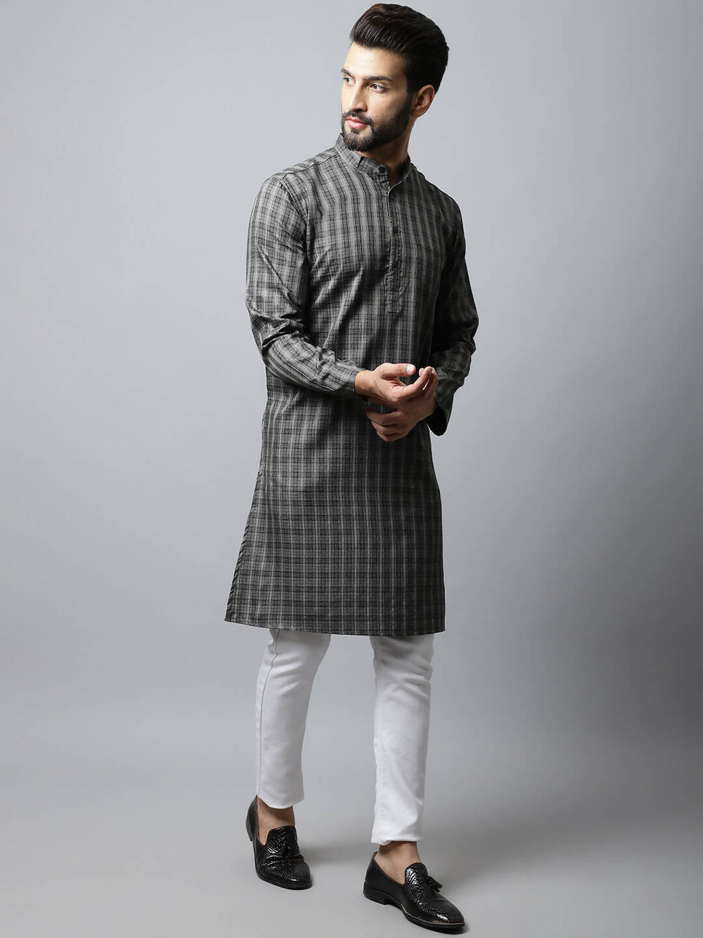 Even Apparels Brown Color Cotton Checked Men's Kurta With Band Collar (CHK1157)