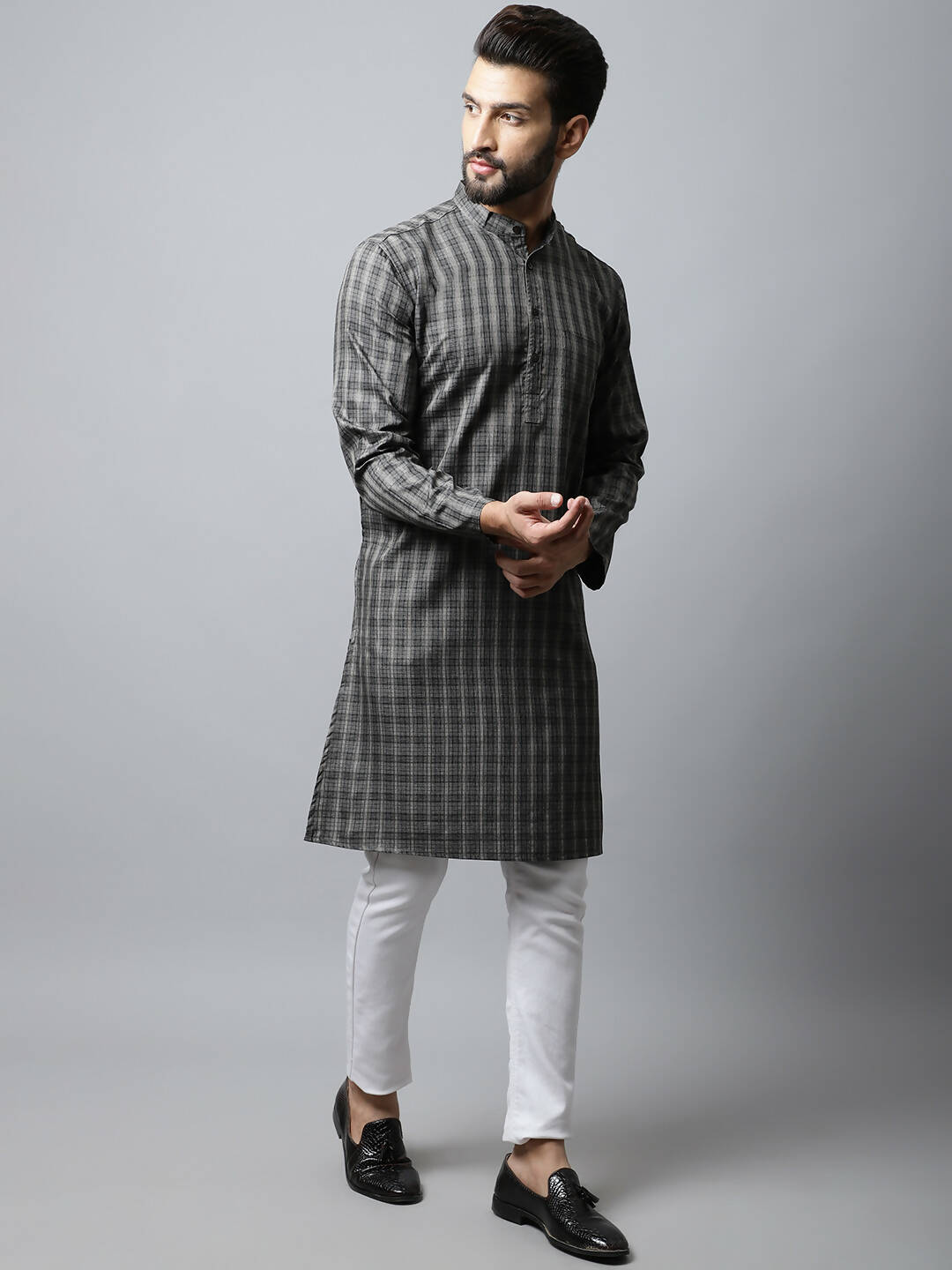 Even Apparels Brown Color Cotton Checked Men's Kurta With Band Collar (CHK1157)