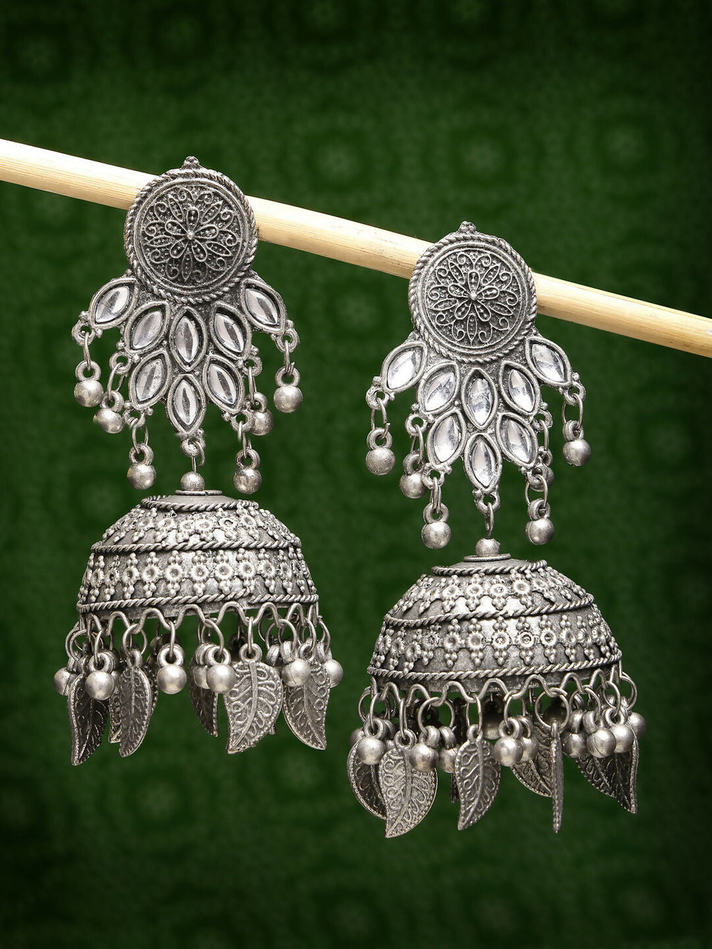 NVR Women's Silver-Plated Oxidised Artificial Stones Dome Shaped Jhumka Earrings