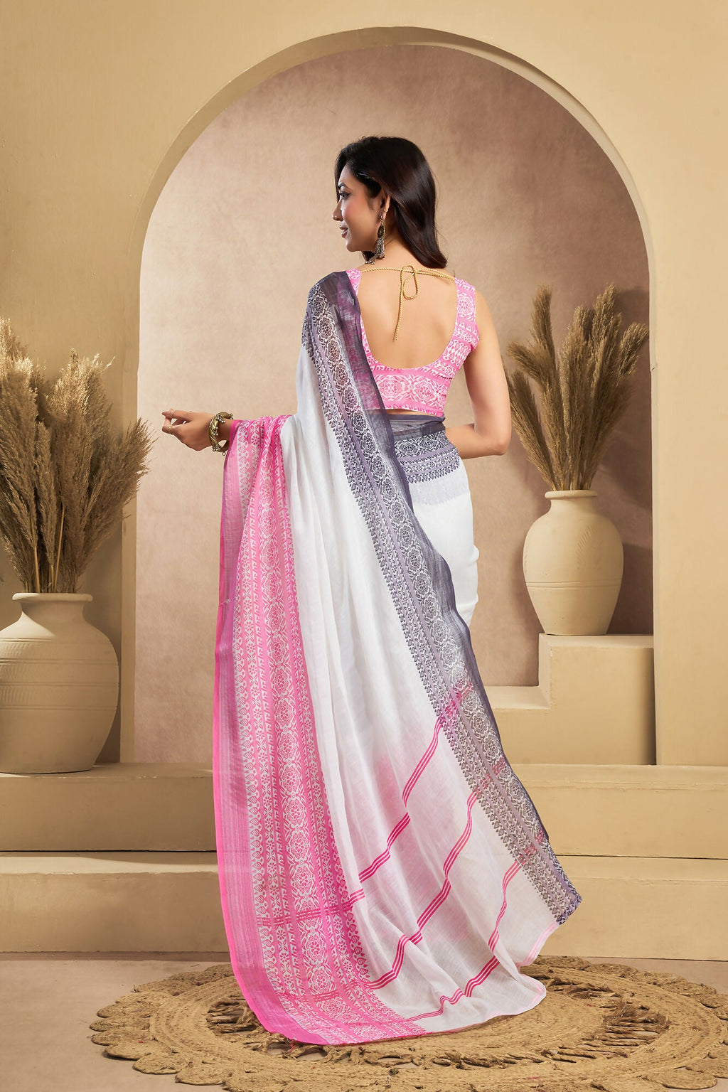 Vastranavya White Digital Printed Linen Ready To Wear Designer Saree with Unstitched Blouse