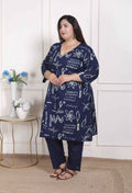 Miravan Women's Plus Size Abstract Printed Cotton Blue Kurta Set