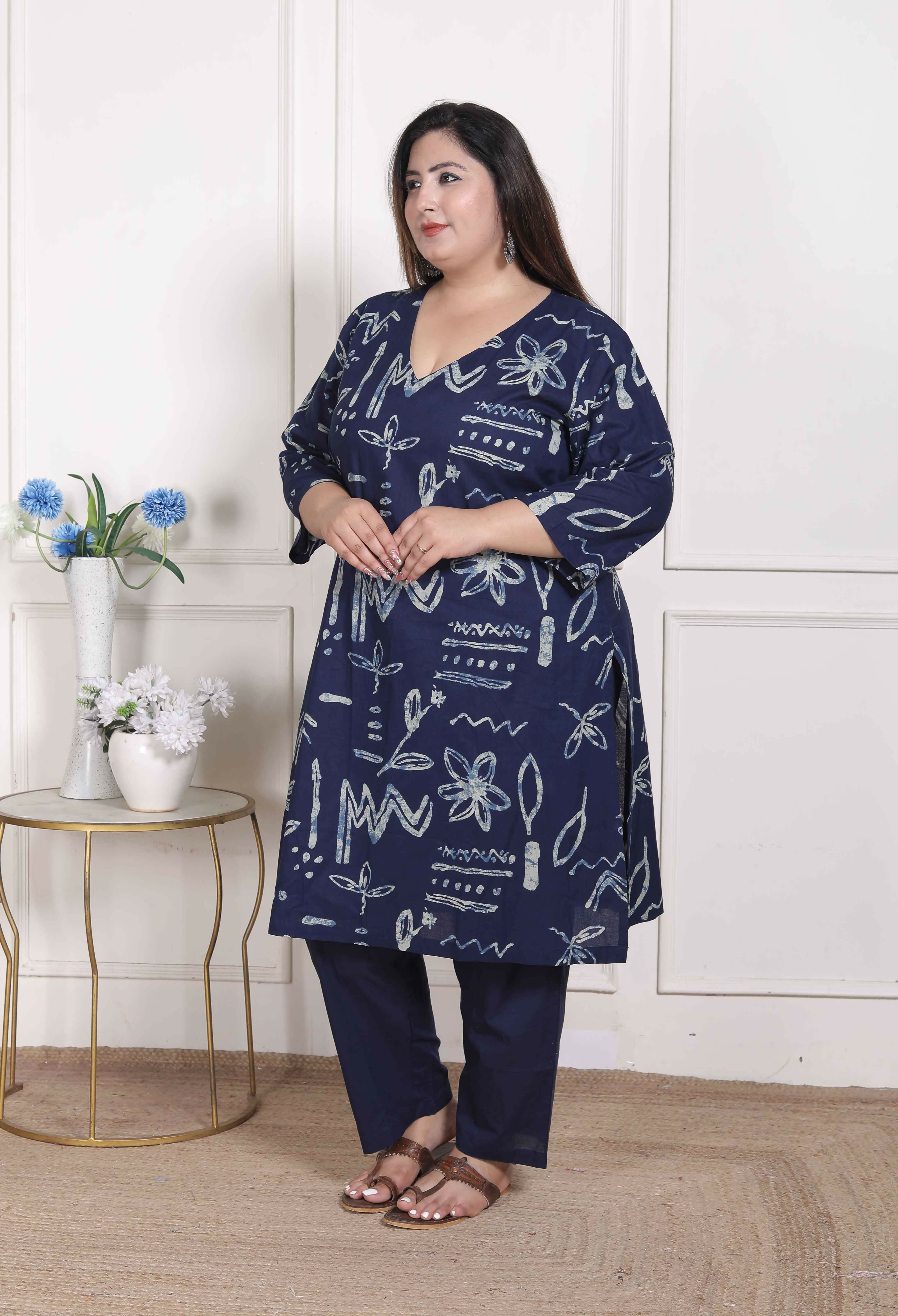 Miravan Women's Plus Size Abstract Printed Cotton Blue Kurta Set