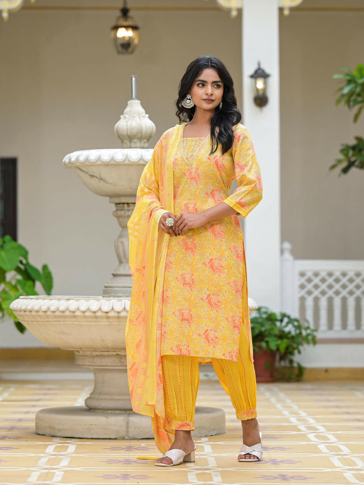 Juniper Women's Yellow Ethnic Motif Printed Cotton Kurta Pant With Dupatta Set With Sequins & Lace