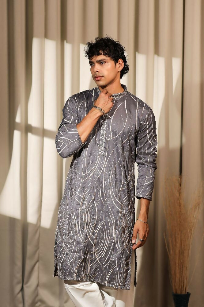 Bluish Grey Viscose Designer Embroidery Work Kurta Set - Mahotsav