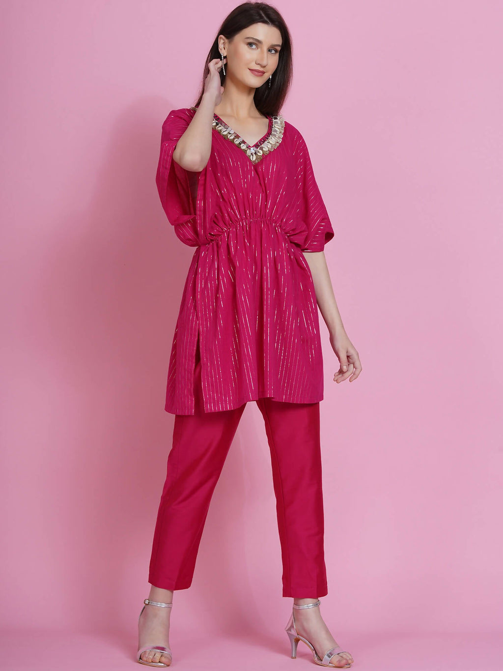 Women Republic Pink Lurex Cotton Kaftan Style Kurta With Pants