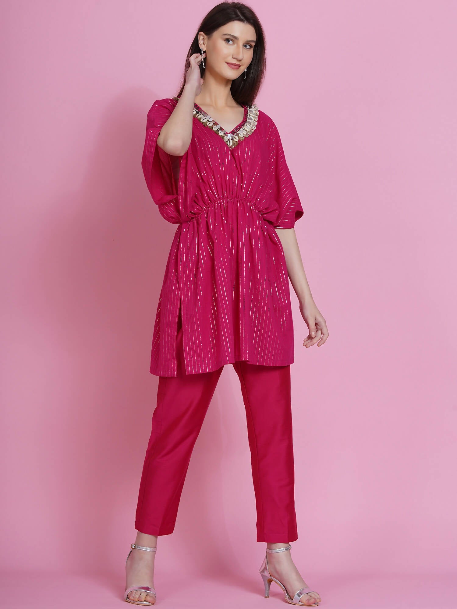 Women Republic Pink Lurex Cotton Kaftan Style Kurta With Pants
