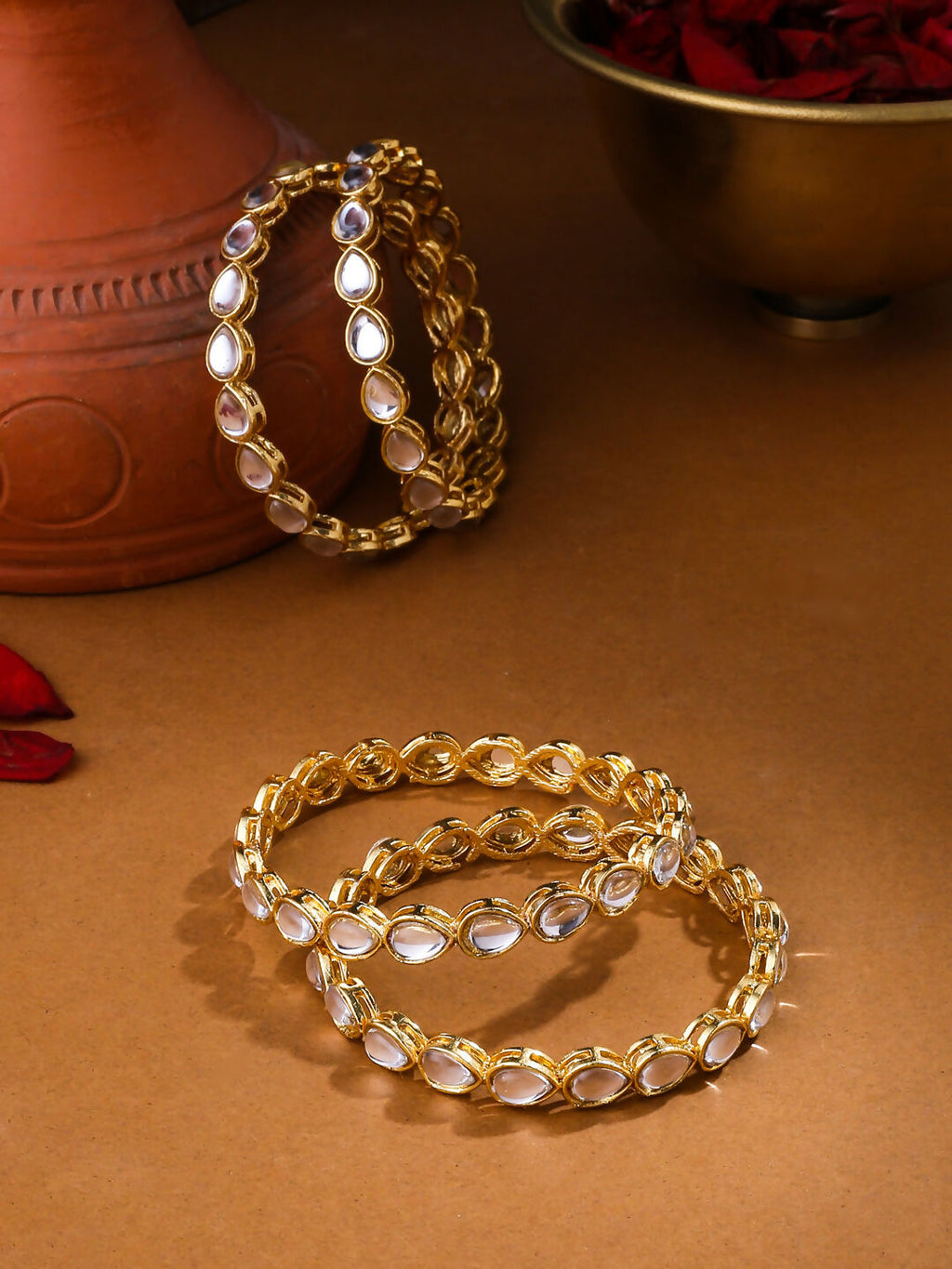 NVR Women's Set of 2 Gold-Polished Kundan Studded Traditional Bangles
