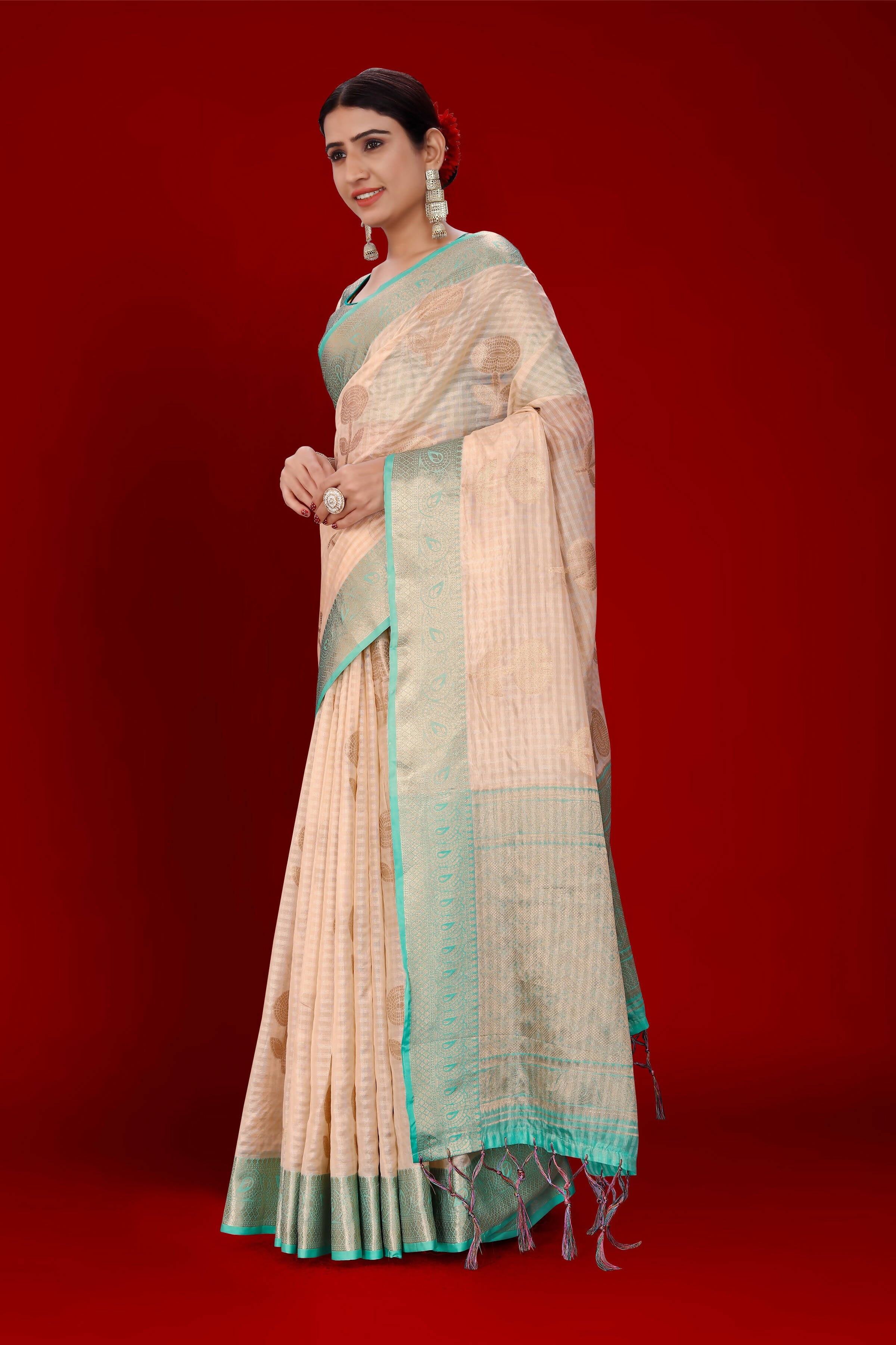 Peach Soft Organza Woven Design Saree With Unstitched Blouse Piece - Zaara
