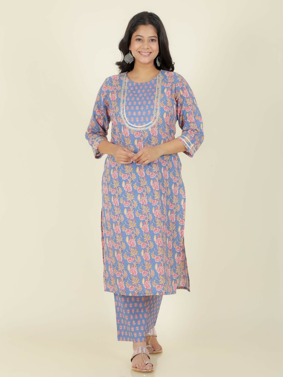 Aramya Straight Soft Cotton Floral Print Women's Kurta Set - Blue