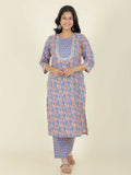 Aramya Straight Soft Cotton Floral Print Women's Kurta Set - Blue
