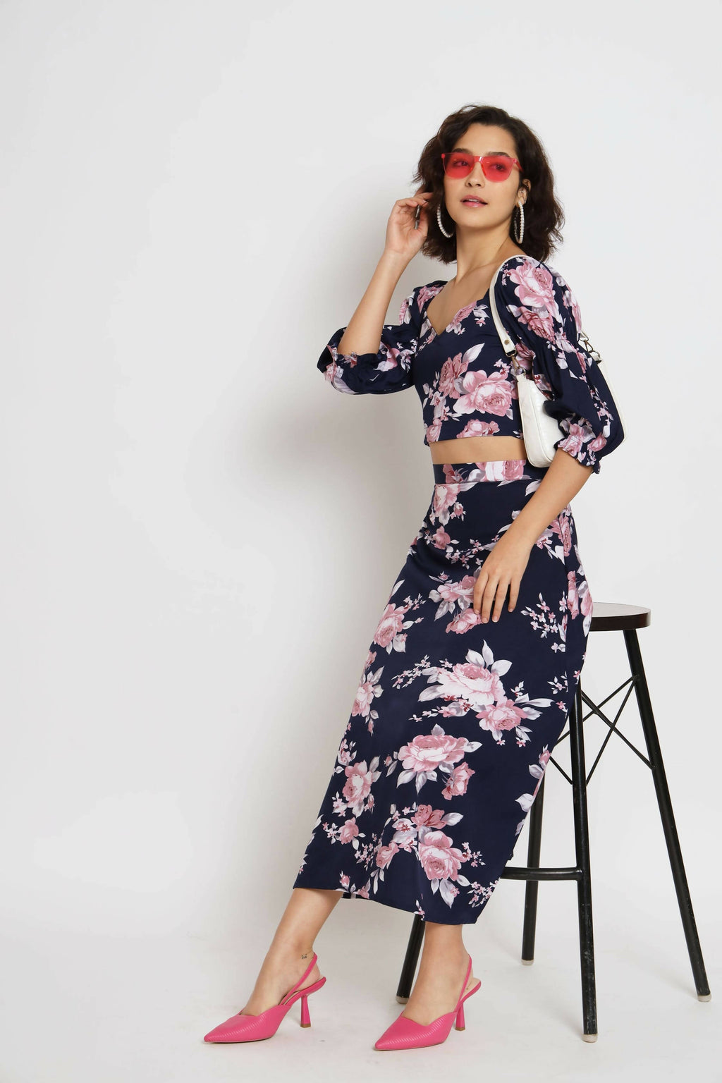 Blue Crepe Floral Printed Top with Matching Skirt - Shivani