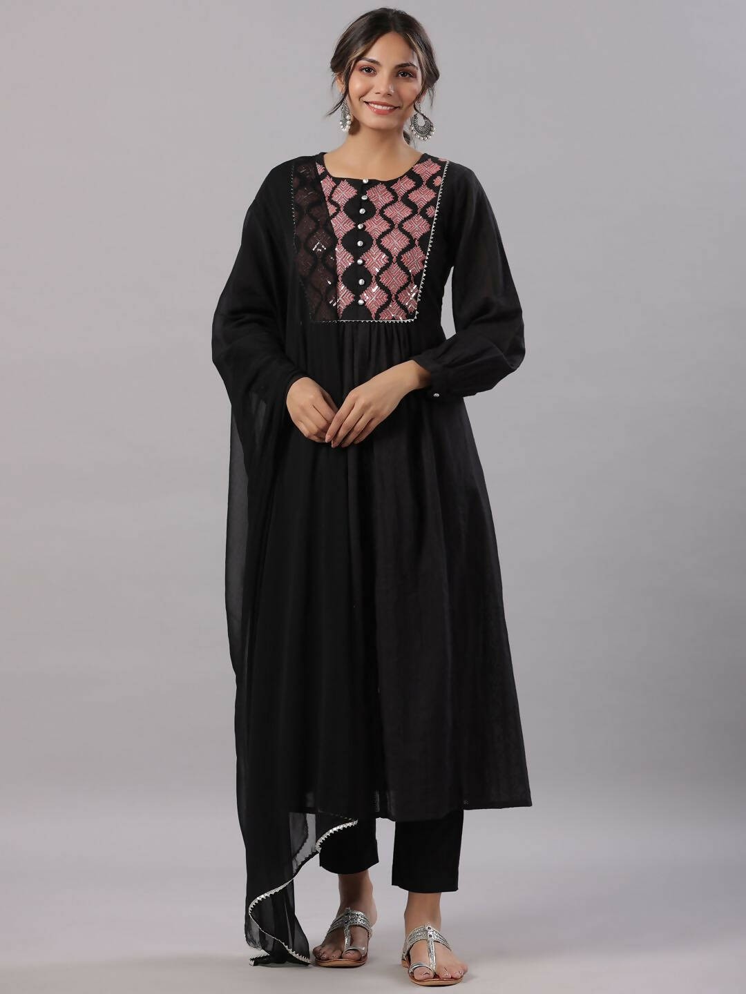 Juniper Women's Black Cotton Dobby Solid With Embroidery Flared Kurta Sets