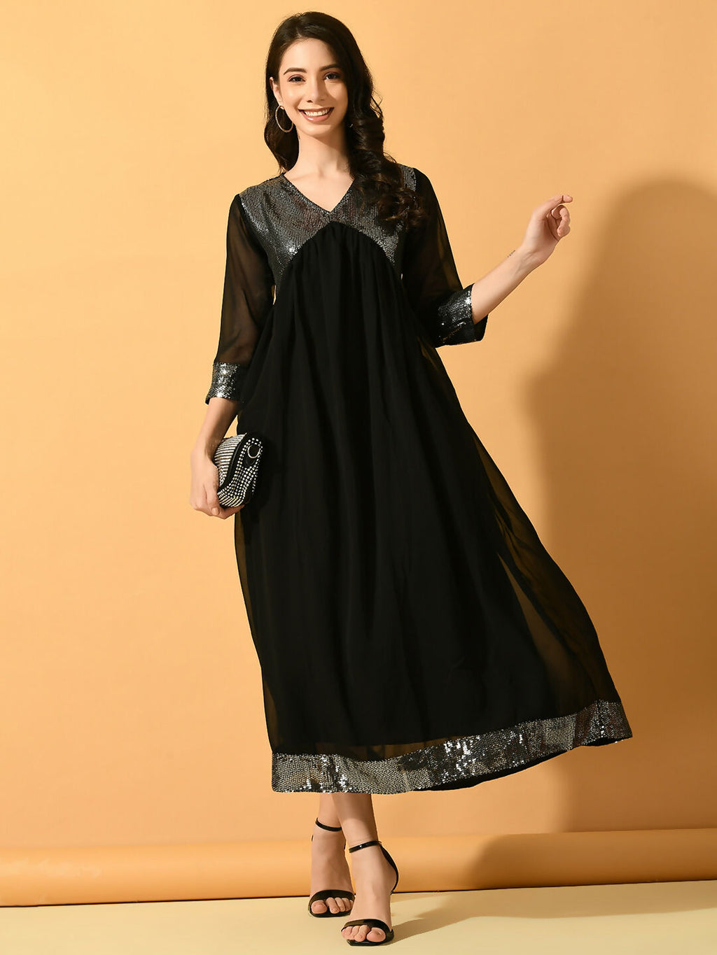 Myshka Women's Black Fit and Flare Party Dress