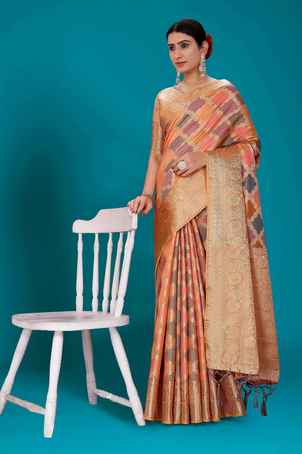 Orange Soft Organza Woven Design Saree with Unstitched Blouse Piece - Zaara