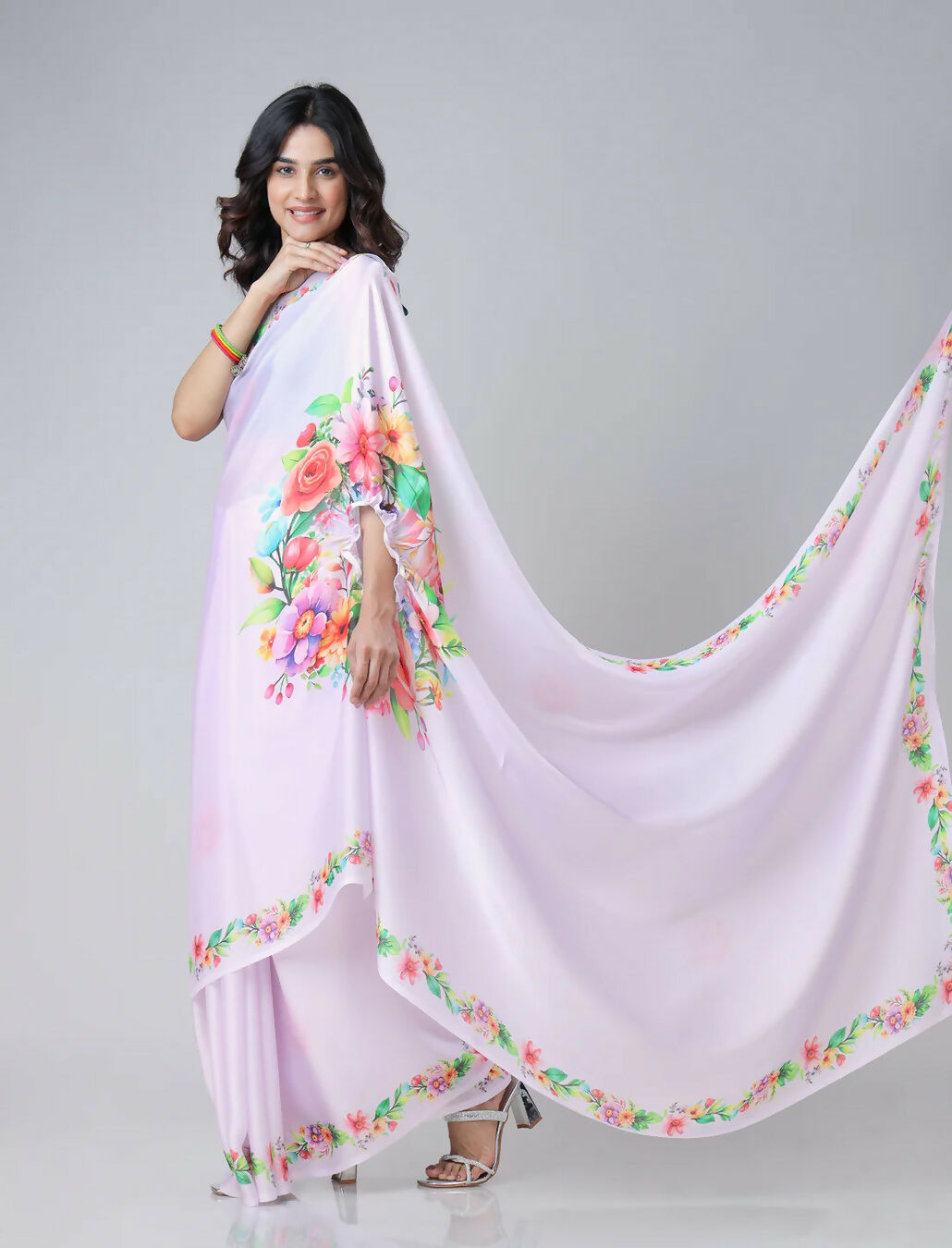 Vastranavya Mauve Freehand Flower Print Ready to Wear Saree
