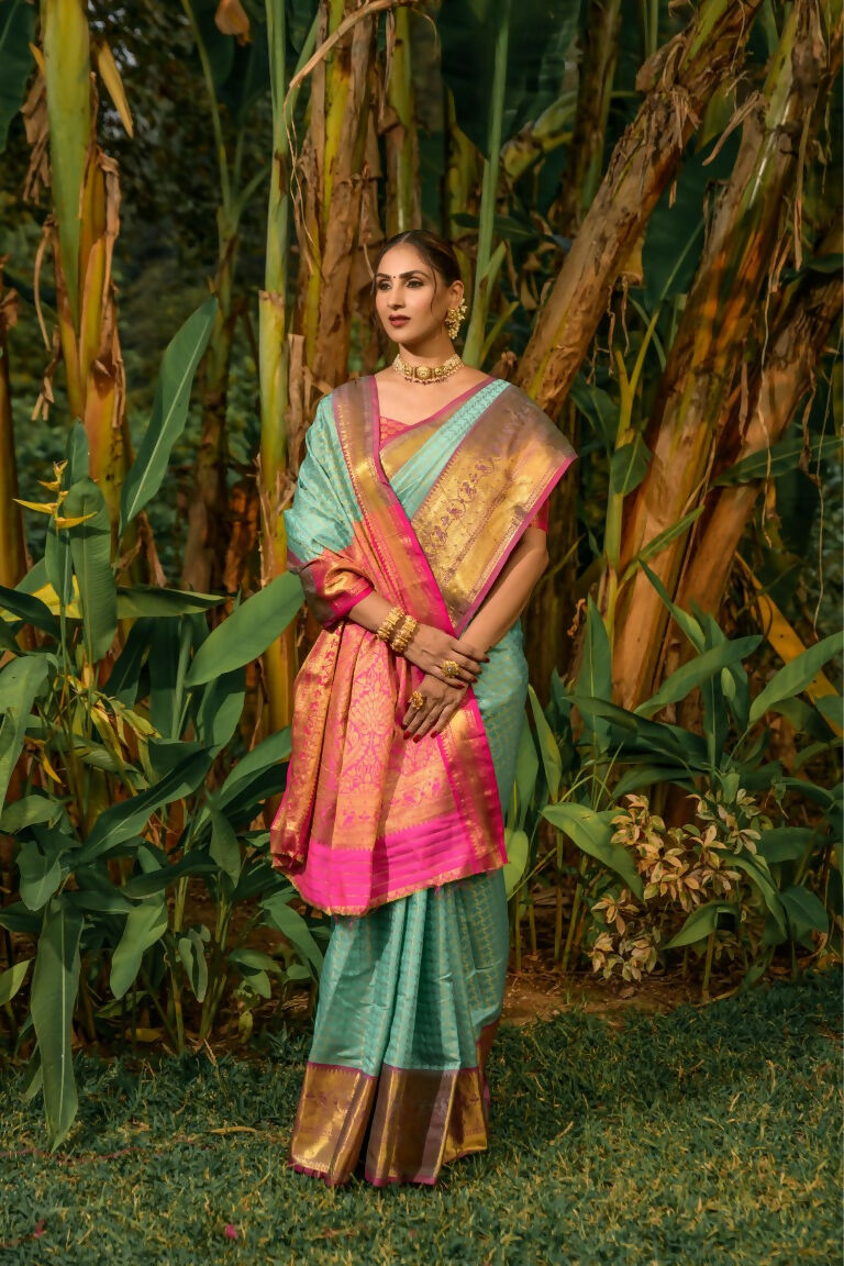 Jyoti Fashion Women's Sky Blue Kanjivaram Silk Zari Woven Saree with Blouse