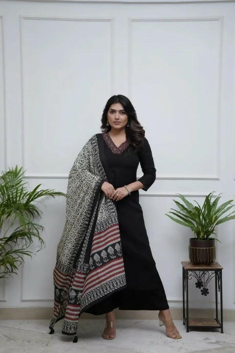 The52 Black Women's Gorgeous Parampara Fabric Embroidered Work Straight Kurta Palazzo and Dupatta Set