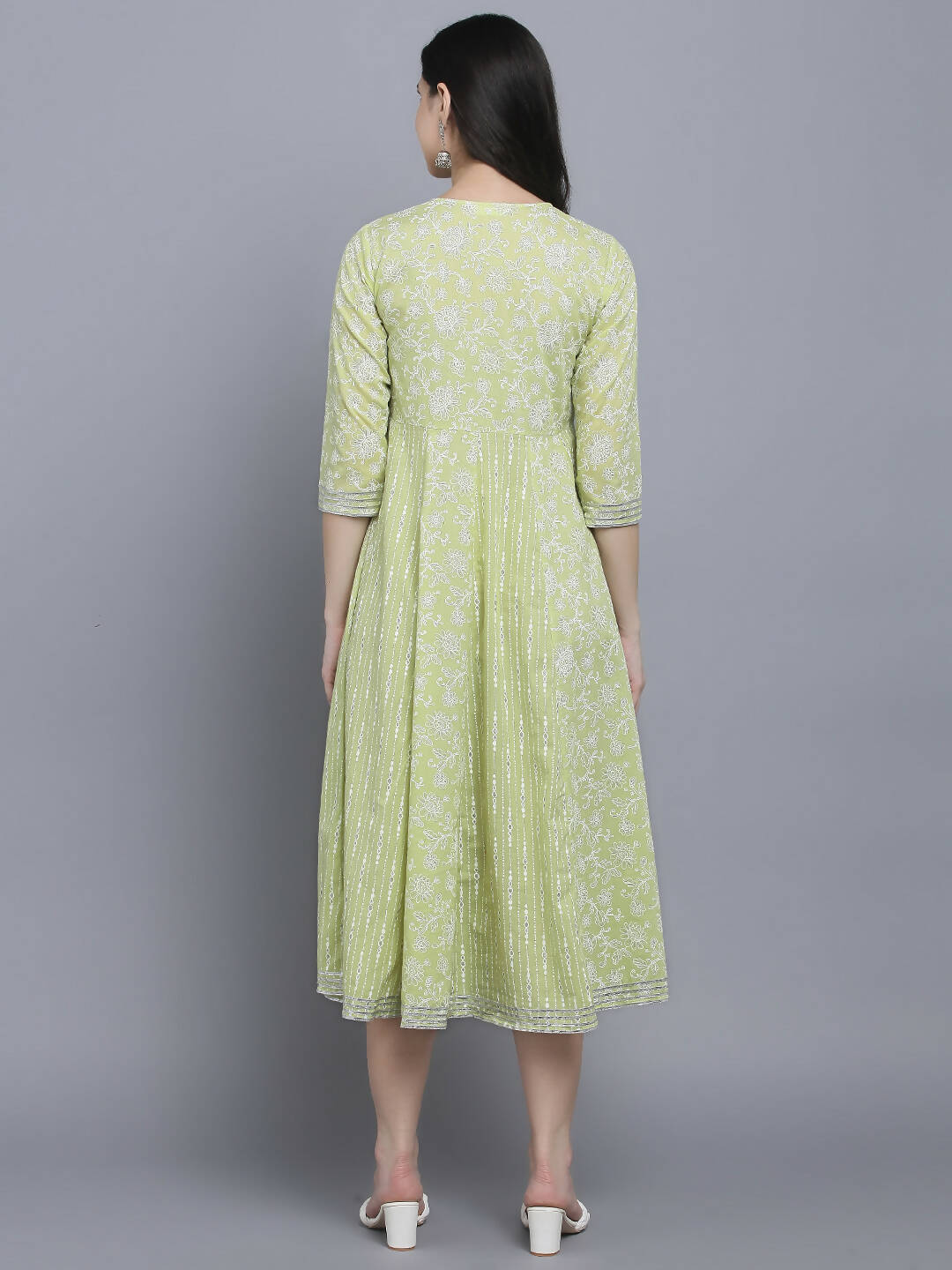 Myshka Women's Green Ethnic Motifs A-Line Midi Dress