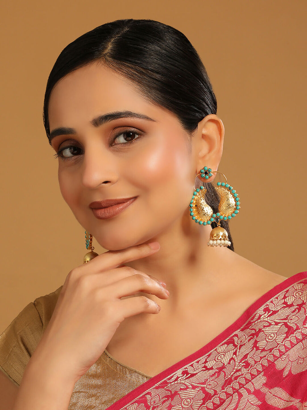 Nuyug 22K Gold Plated Turquoise Stone Studded Contemporary Mini Jhumki Dangler Earrings