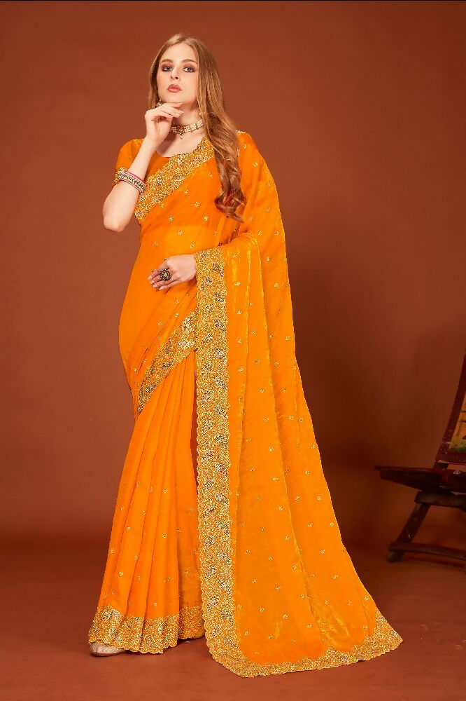 PR Fashion Mustard Fendi Two Tone Silk Heavy Zari Embroidery Work With Heavy Siroski Work Saree