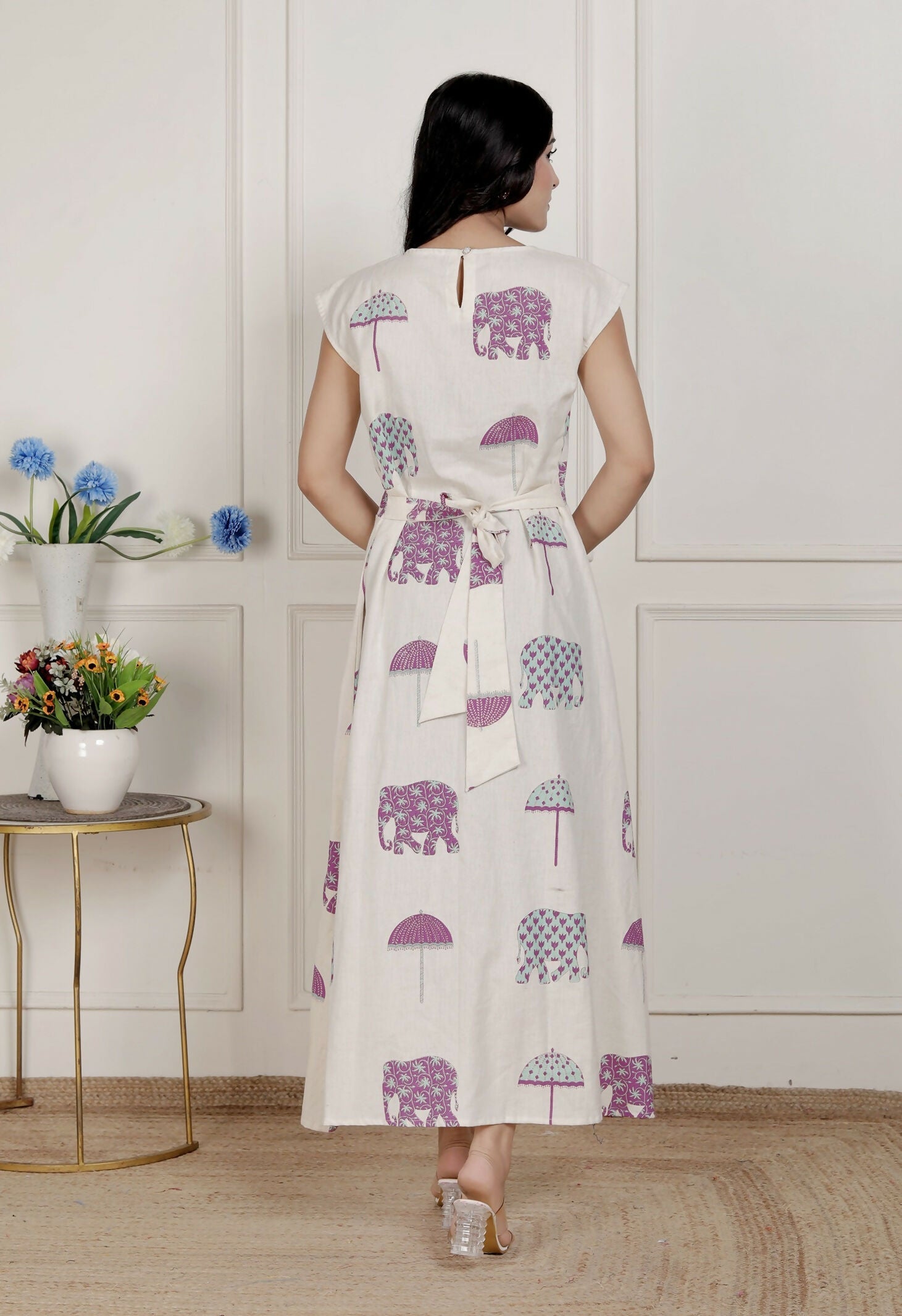 Miravan Womens Off-White Animal Printed Asymmetric Neck A-Line Maxi Dress