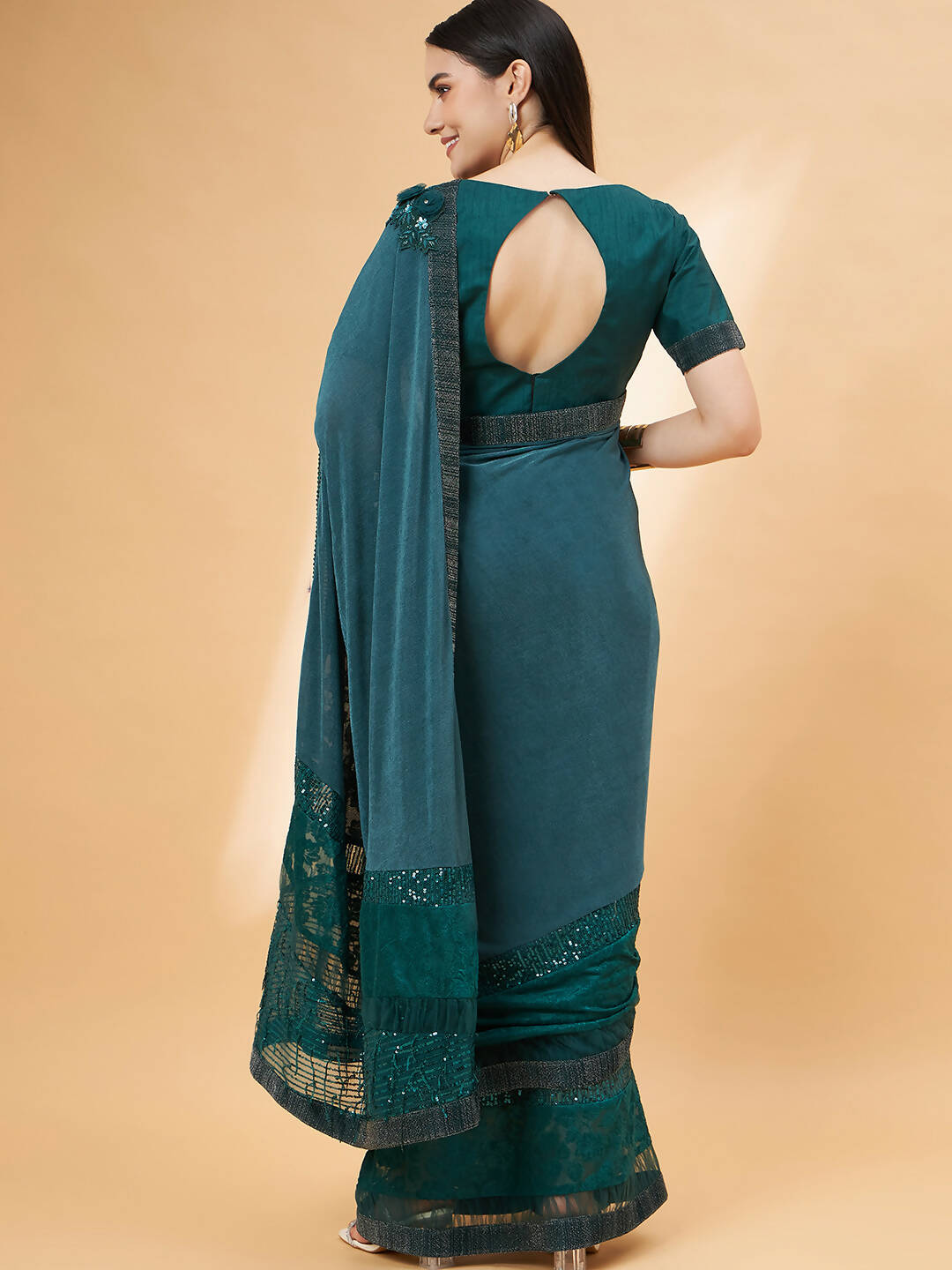 Green Lycra Flock Work, Seuqins Embroidery, Handwork Shoulder Butta Saree - Norita Hit Design