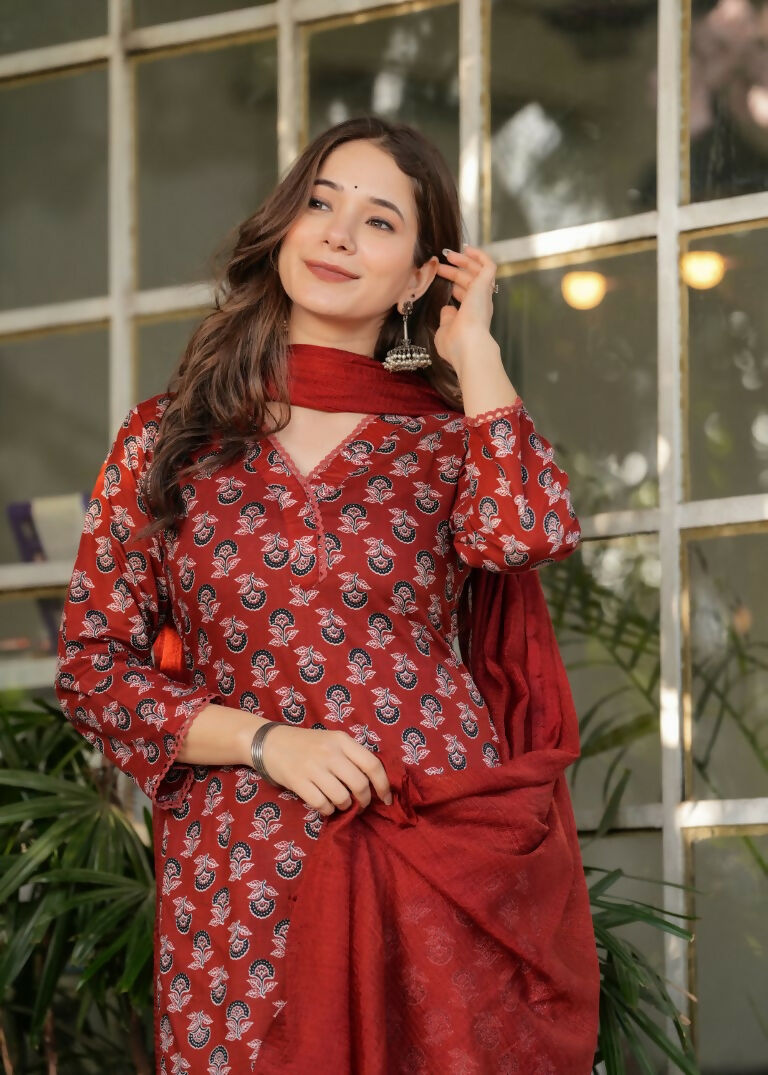 Red Pure Cotton Printed Anarkali Suit with Dupatta - Rashmika